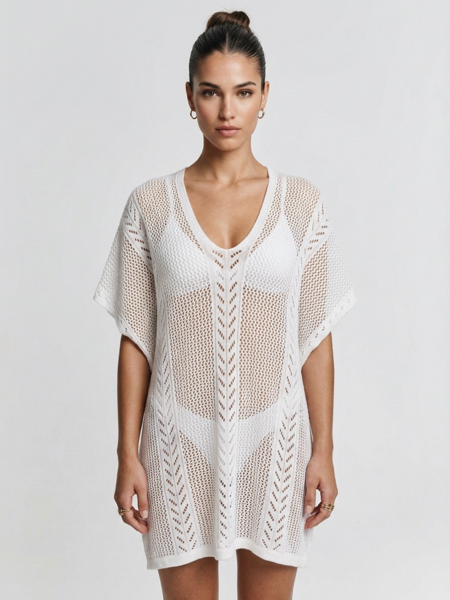 V-Neck Hollow Knit Batwing Sleeve Beach Cover Up
