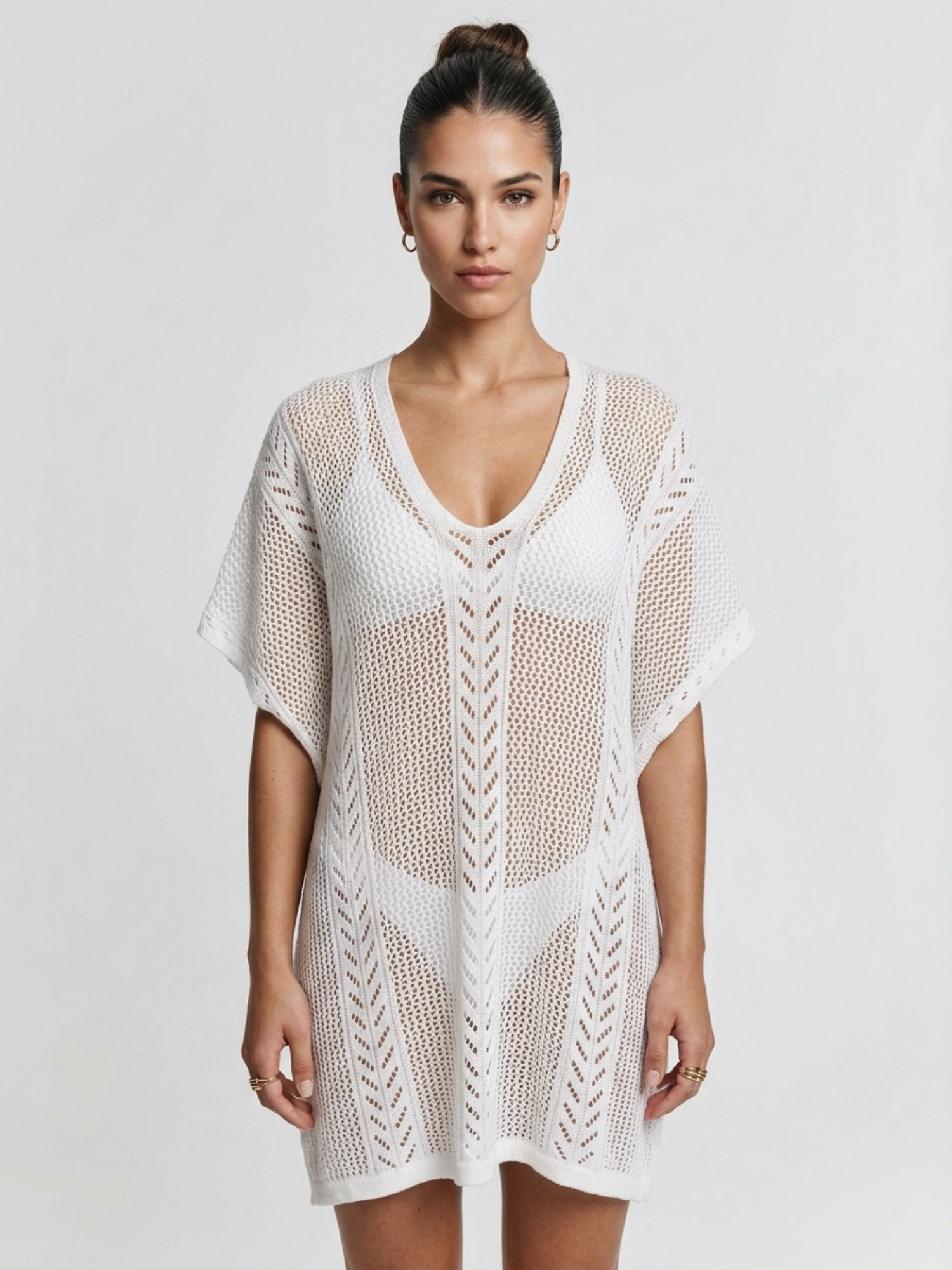 V-Neck Hollow Knit Batwing Sleeve Beach Cover Up