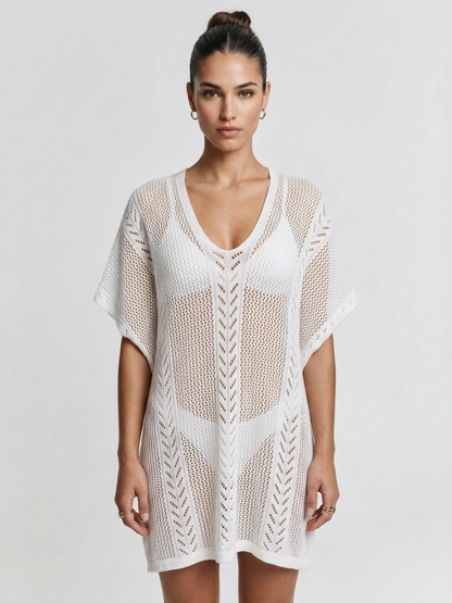 V-Neck Hollow Knit Batwing Sleeve Beach Cover Up