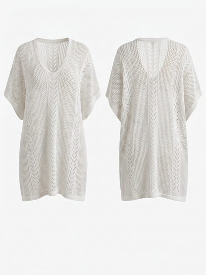 V-Neck Hollow Knit Batwing Sleeve Beach Cover Up