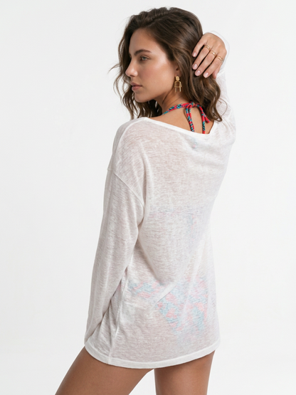 Off Shoulder Sheer Long Sleeve Beach Cover Up