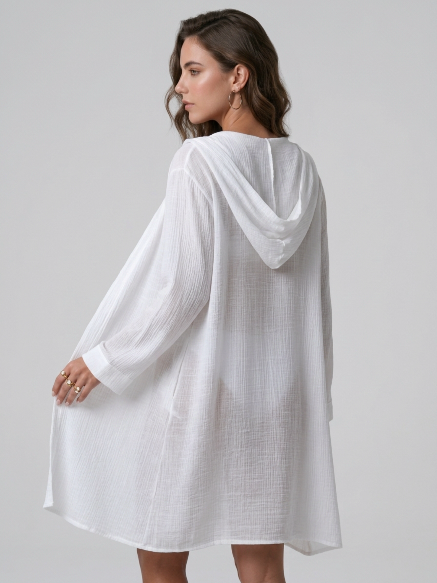 Hooded Button Down Long Sleeve Beach Cover Up