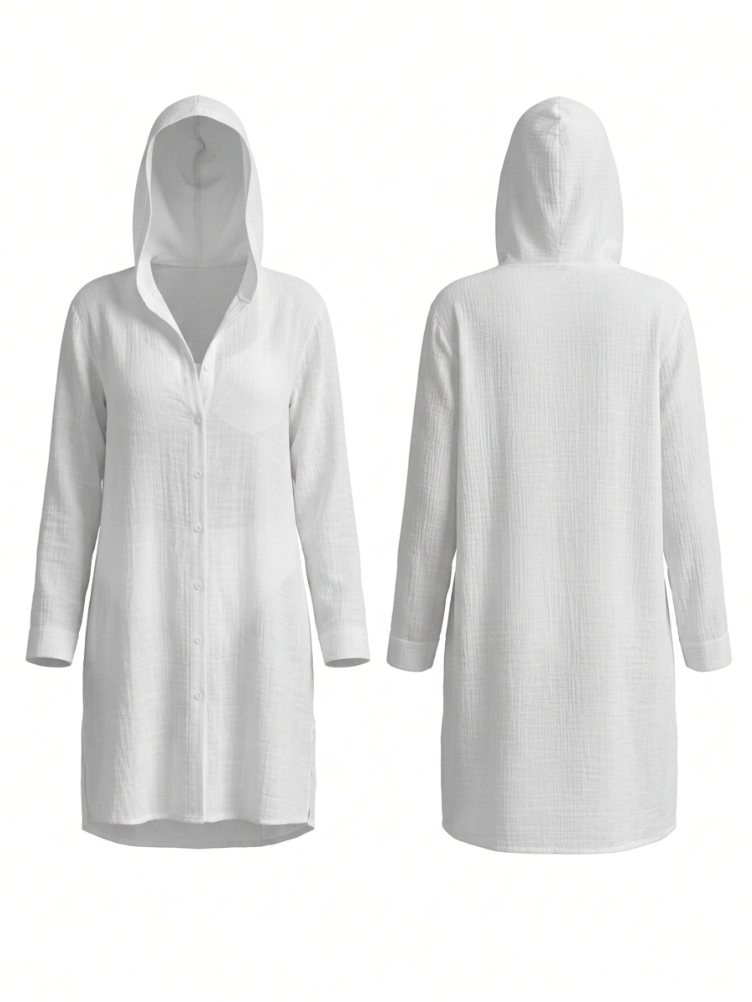 Hooded Button Down Long Sleeve Beach Cover Up