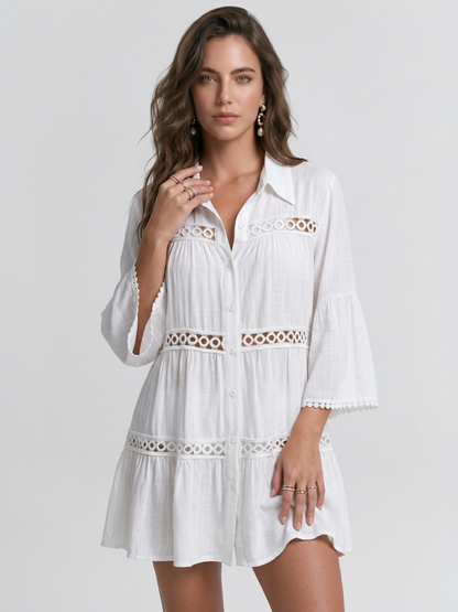 Hollow Lace Spliced Bell Sleeve Shirt Cover Up