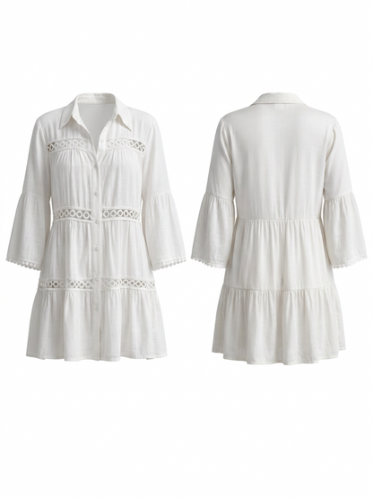 Hollow Lace Spliced Bell Sleeve Shirt Cover Up