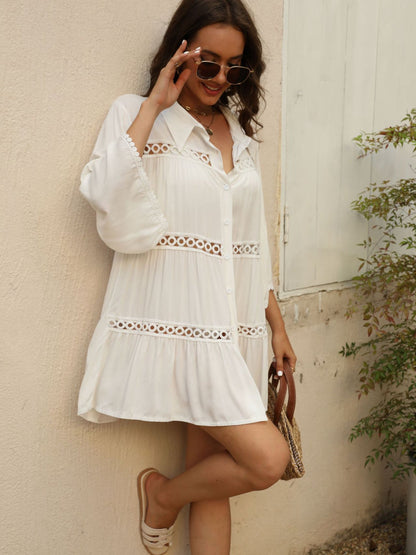 Hollow Lace Spliced Bell Sleeve Shirt Cover Up