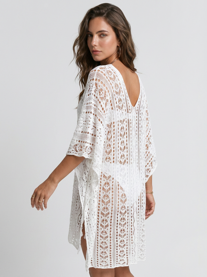 White Mesh Crochet Oversized Beach Cover Up
