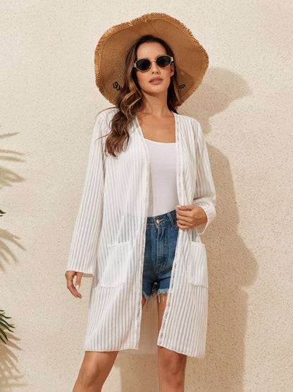Vertical Stripe Open Front Knit Beach Cover Up