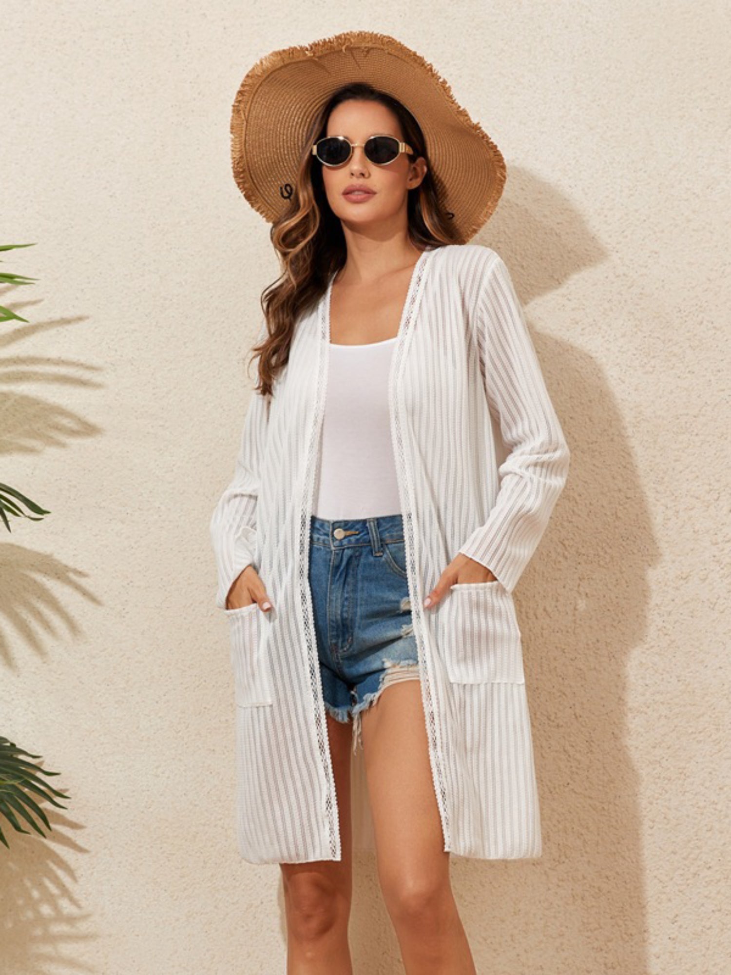 Vertical Stripe Open Front Knit Beach Cover Up