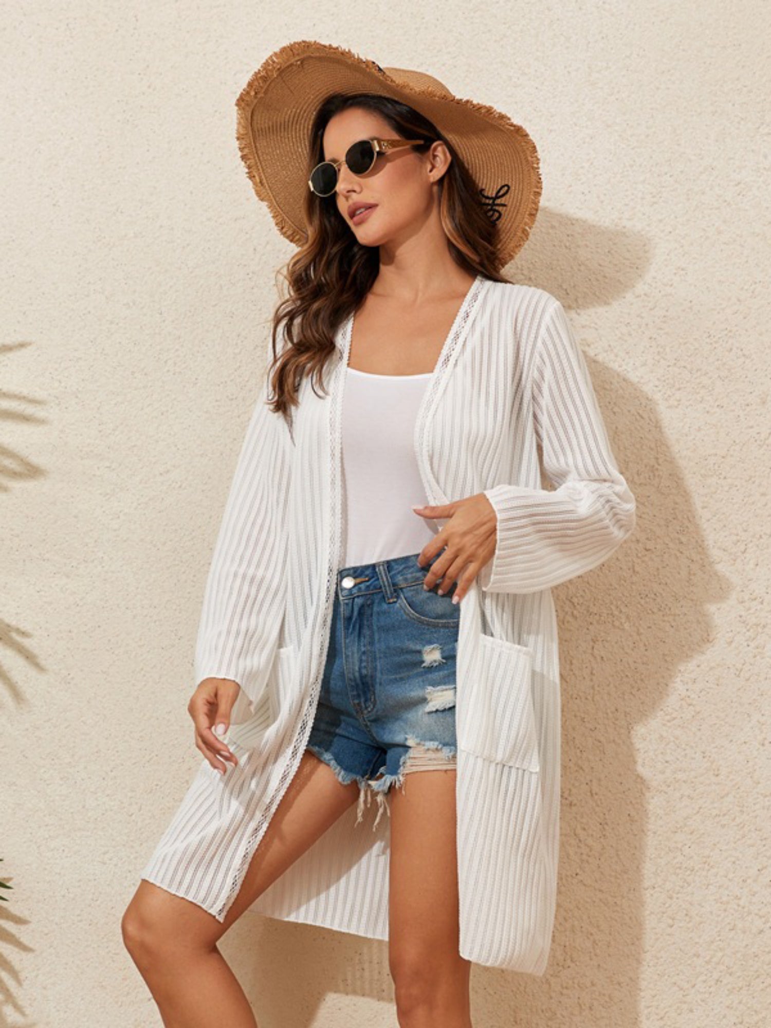 Vertical Stripe Open Front Knit Beach Cover Up