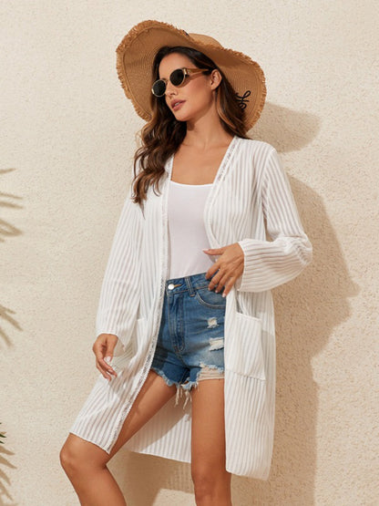 Vertical Stripe Open Front Knit Beach Cover Up
