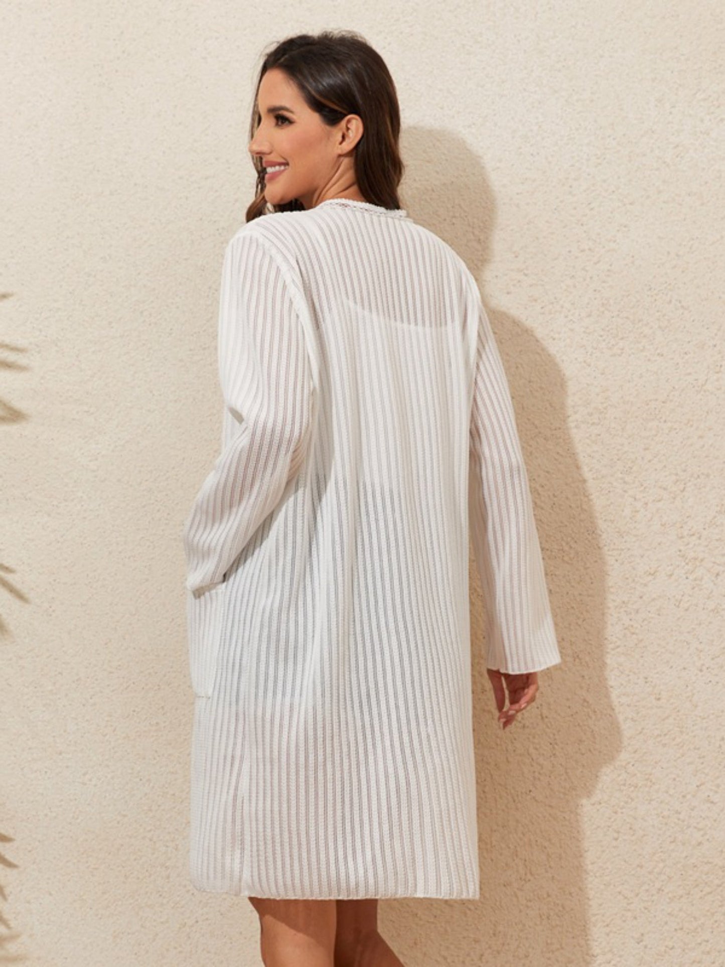 Vertical Stripe Open Front Knit Beach Cover Up