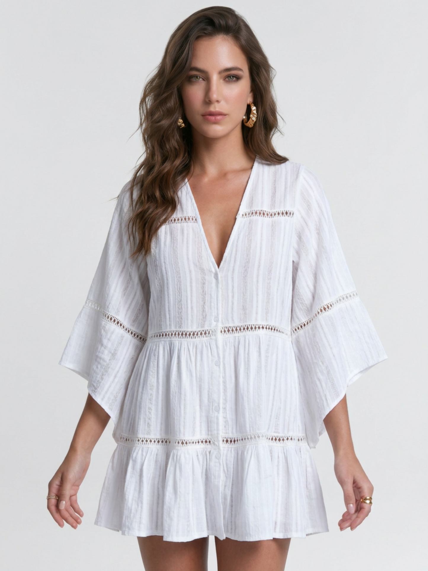 V-Neck Hollow Lace Tiered Beach Cover Up
