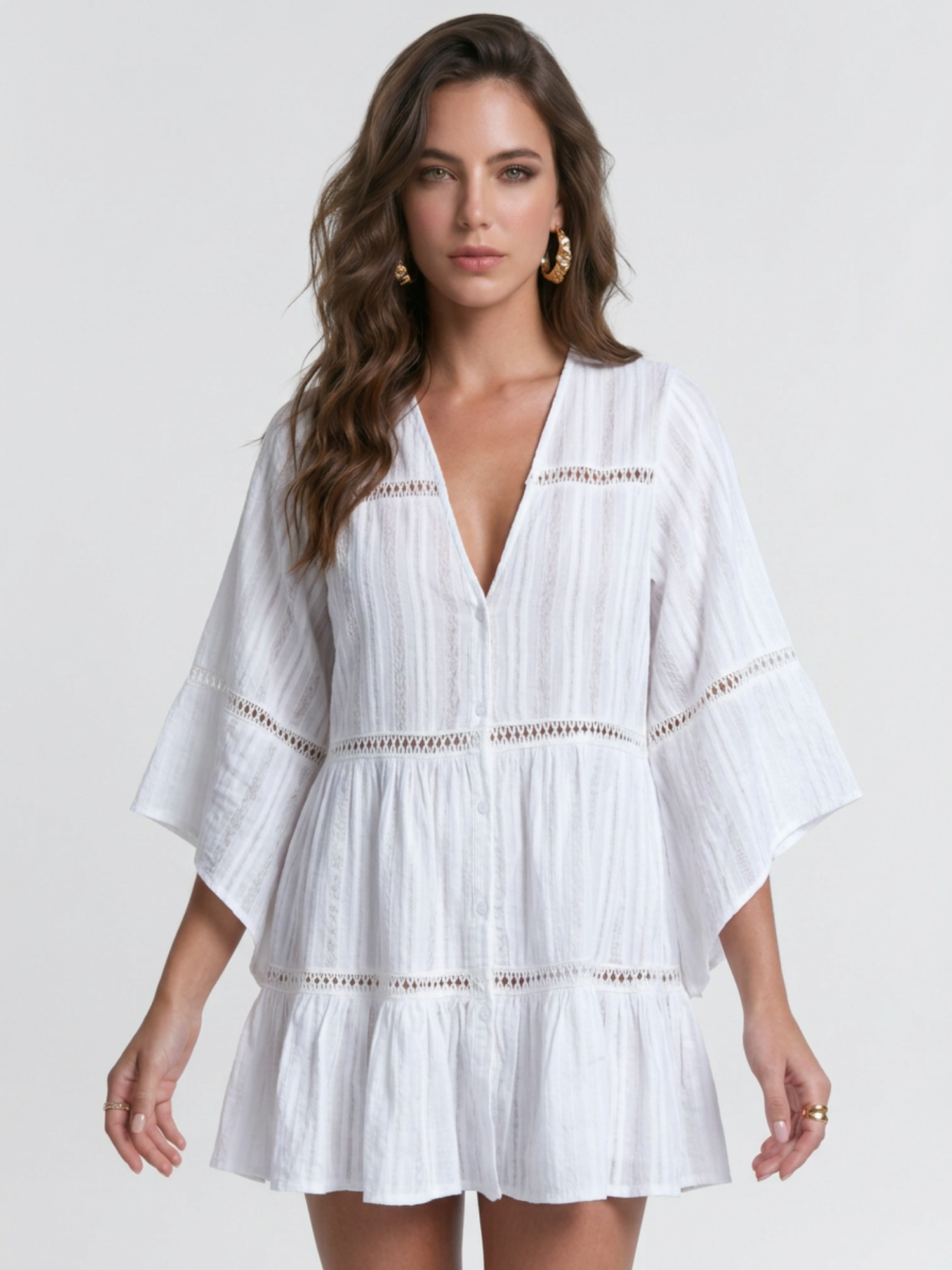 V-Neck Hollow Lace Tiered Beach Cover Up