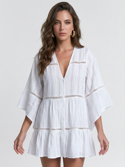 V-Neck Hollow Lace Tiered Beach Cover Up