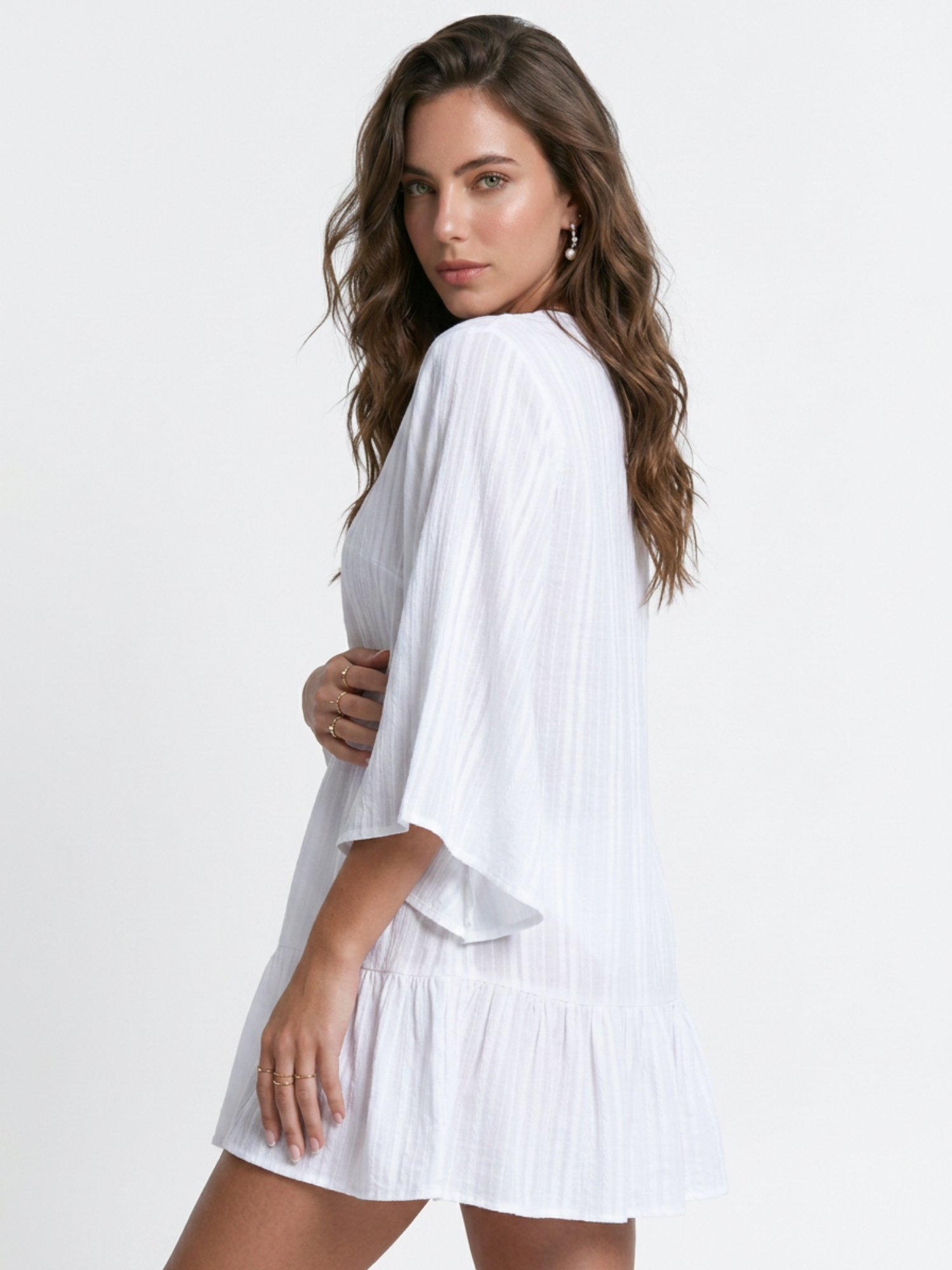 V-Neck Hollow Lace Tiered Beach Cover Up