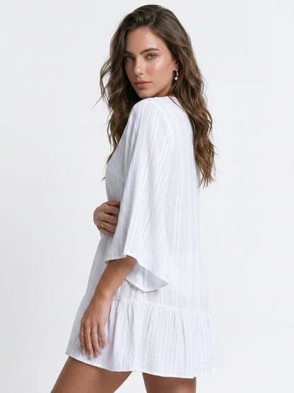 V-Neck Hollow Lace Tiered Beach Cover Up