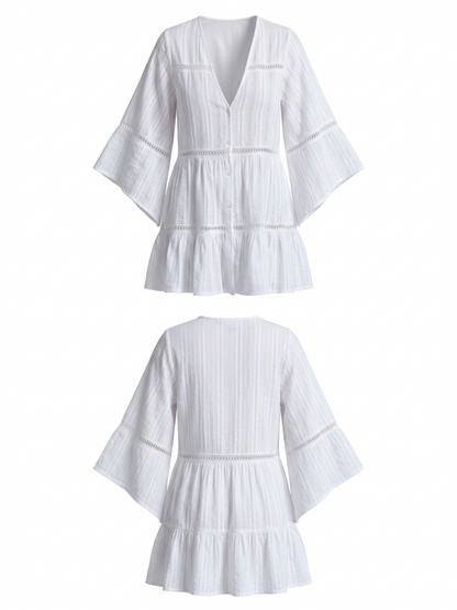 V-Neck Hollow Lace Tiered Beach Cover Up
