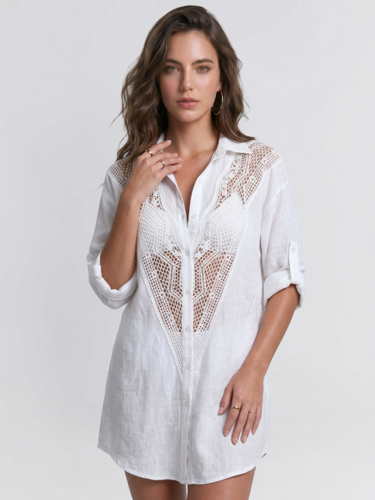 Crochet Lace Spliced Shirt Beach Cover Up