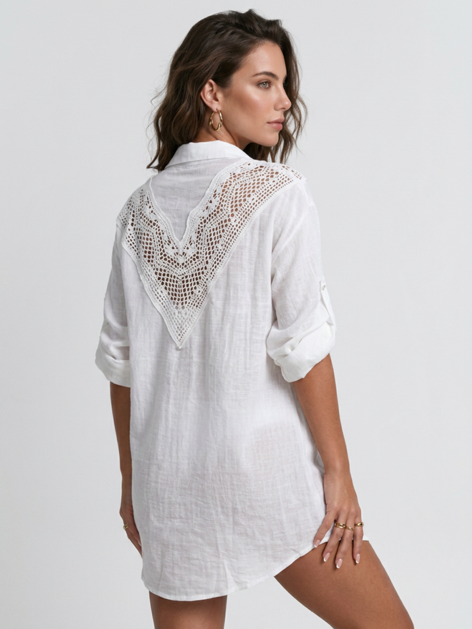Crochet Lace Spliced Shirt Beach Cover Up
