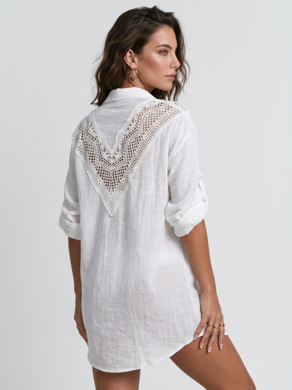 Crochet Lace Spliced Shirt Beach Cover Up