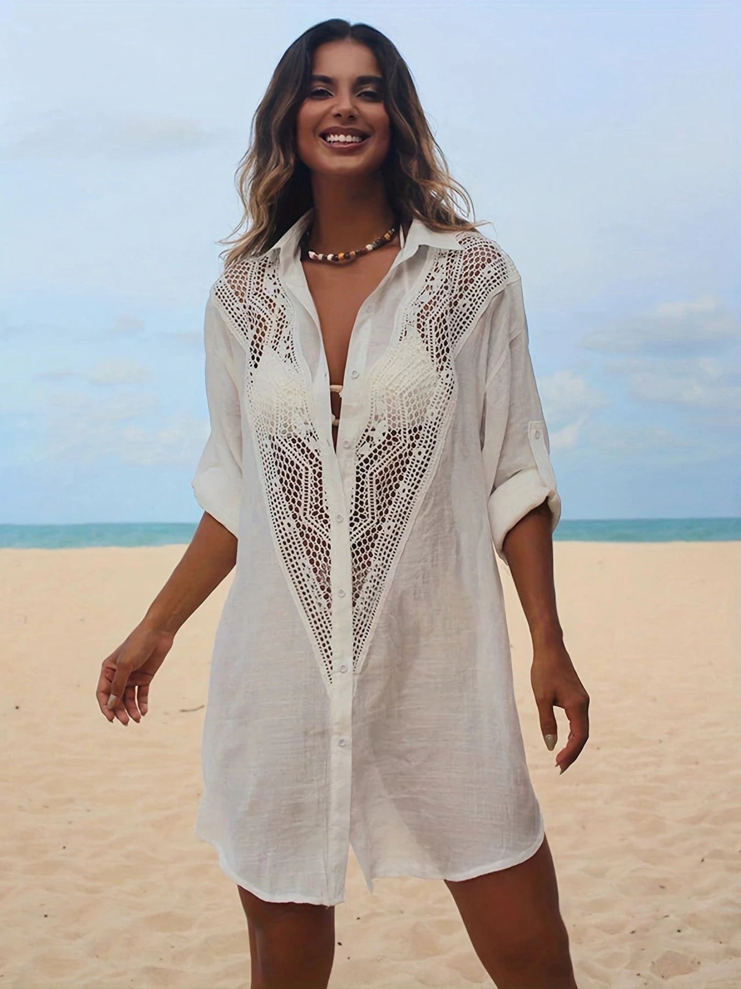 Crochet Lace Spliced Shirt Beach Cover Up