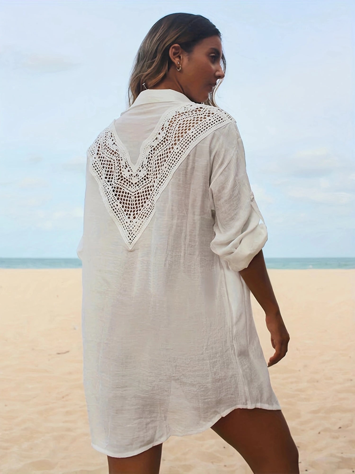 Crochet Lace Spliced Shirt Beach Cover Up