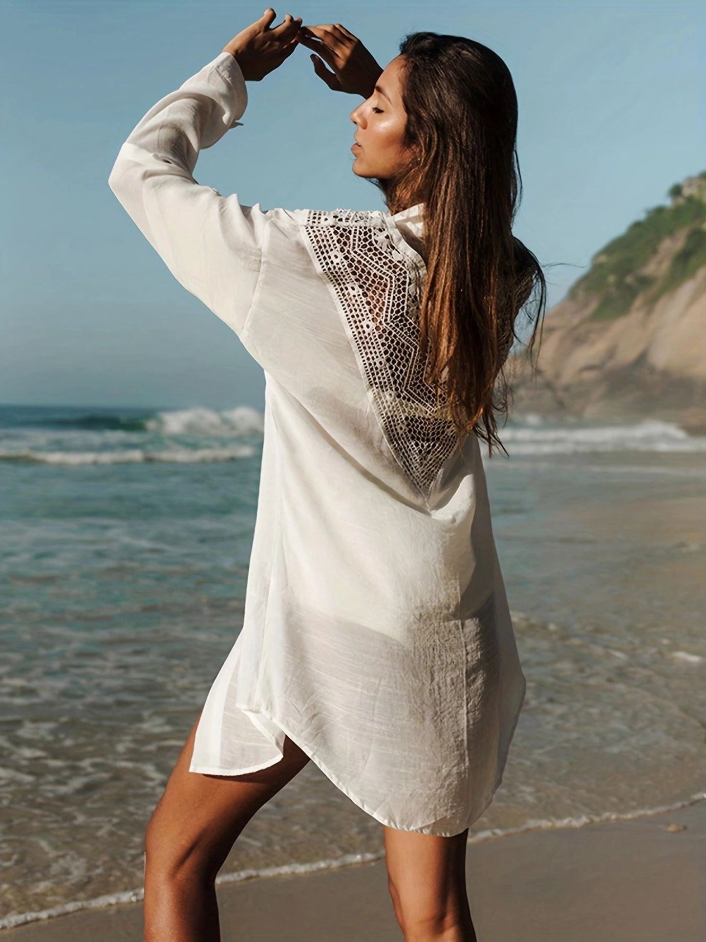 Crochet Lace Spliced Shirt Beach Cover Up