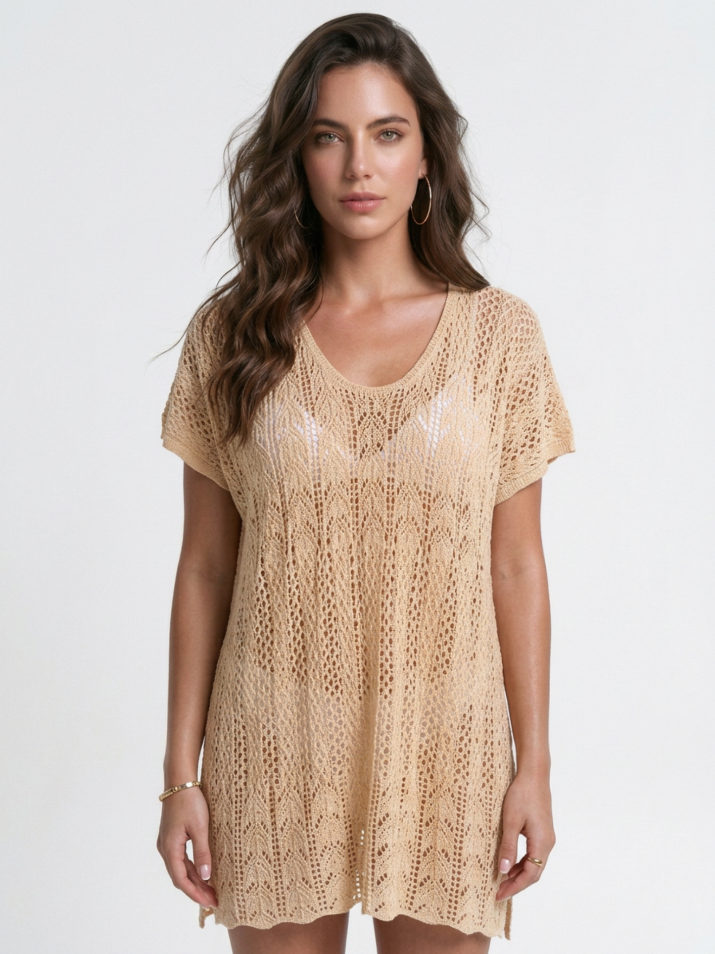 U-Neck Hollow Knit Side Slit Beach Cover Up