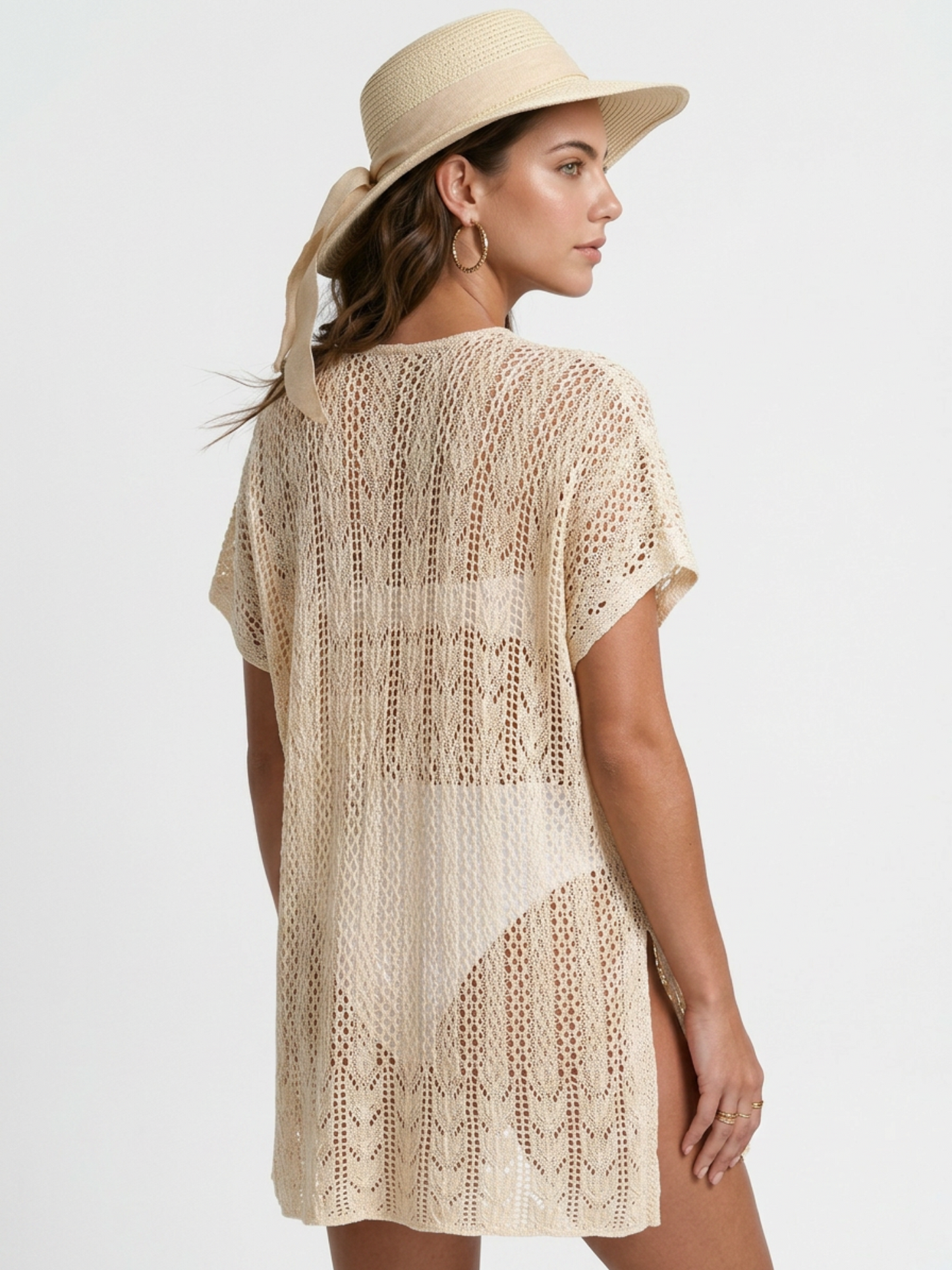 U-Neck Hollow Knit Side Slit Beach Cover Up