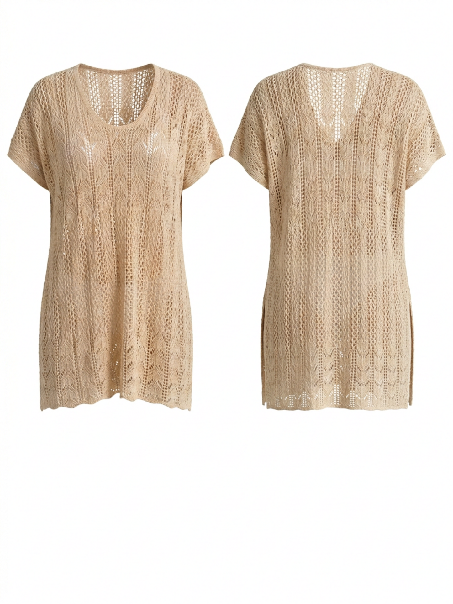 U-Neck Hollow Knit Side Slit Beach Cover Up