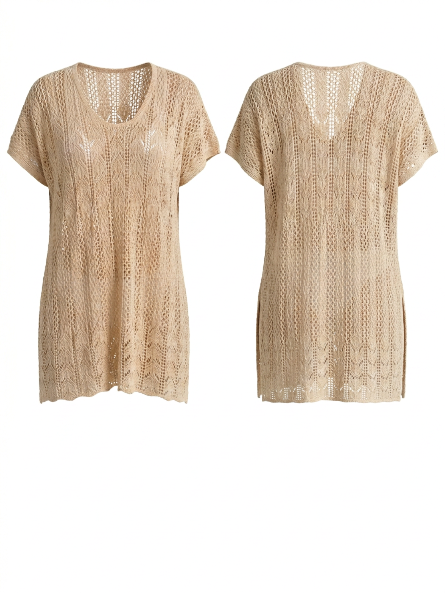U-Neck Hollow Knit Side Slit Beach Cover Up