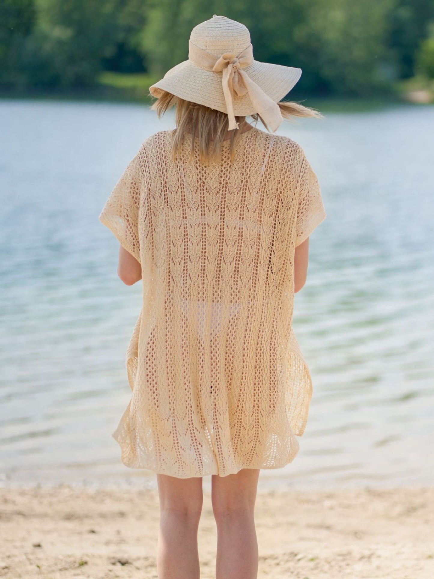 U-Neck Hollow Knit Side Slit Beach Cover Up