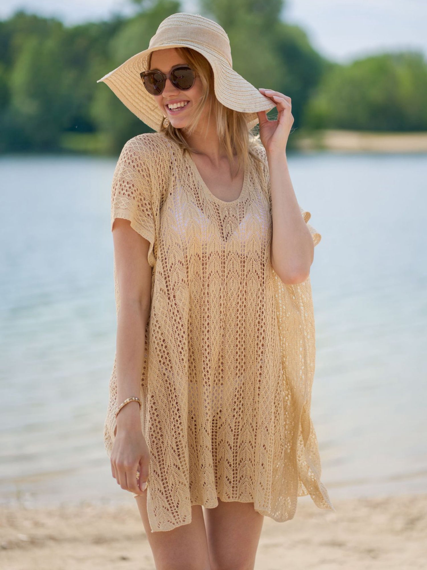 U-Neck Hollow Knit Side Slit Beach Cover Up