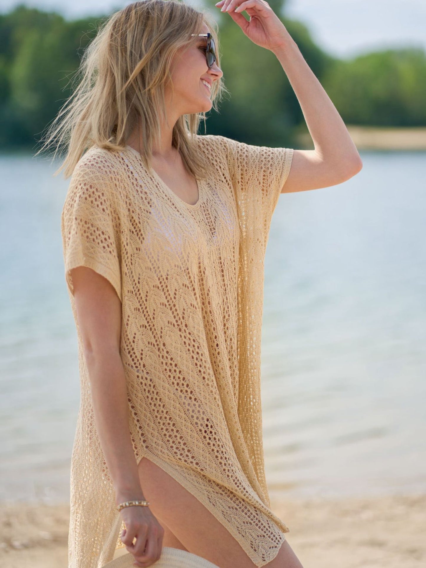 U-Neck Hollow Knit Side Slit Beach Cover Up
