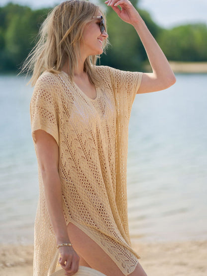 U-Neck Hollow Knit Side Slit Beach Cover Up