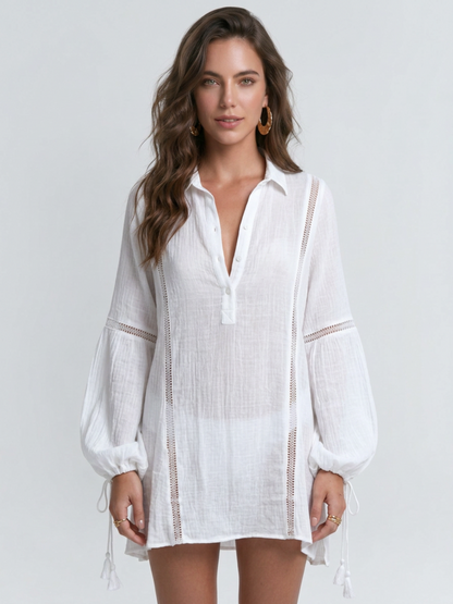 Collared Drawstring Cuff Bikini Cover Up