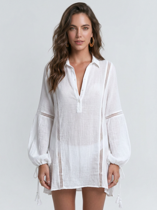 Collared Drawstring Cuff Bikini Cover Up
