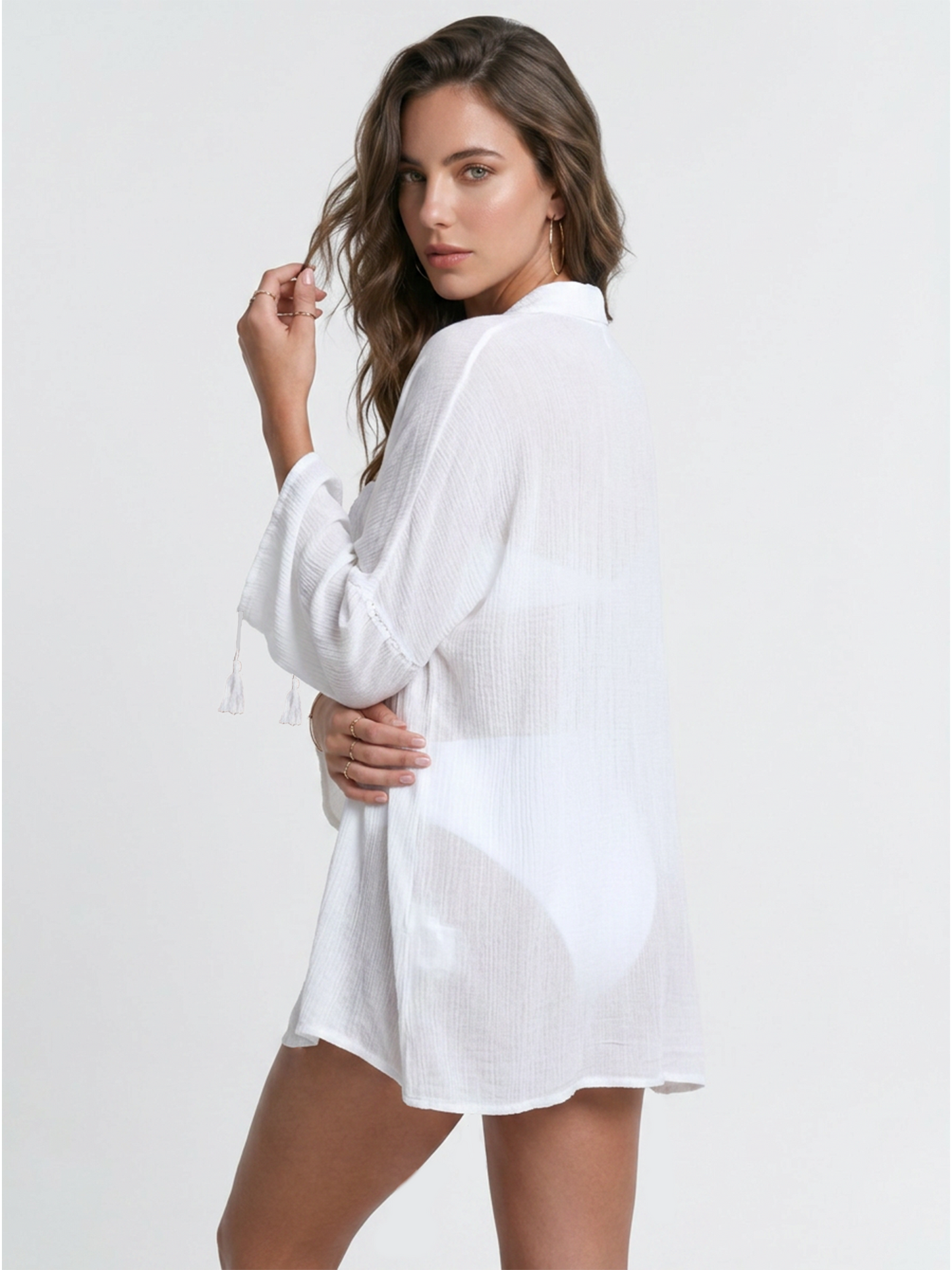 Collared Drawstring Cuff Bikini Cover Up