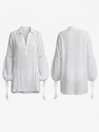 Collared Drawstring Cuff Bikini Cover Up