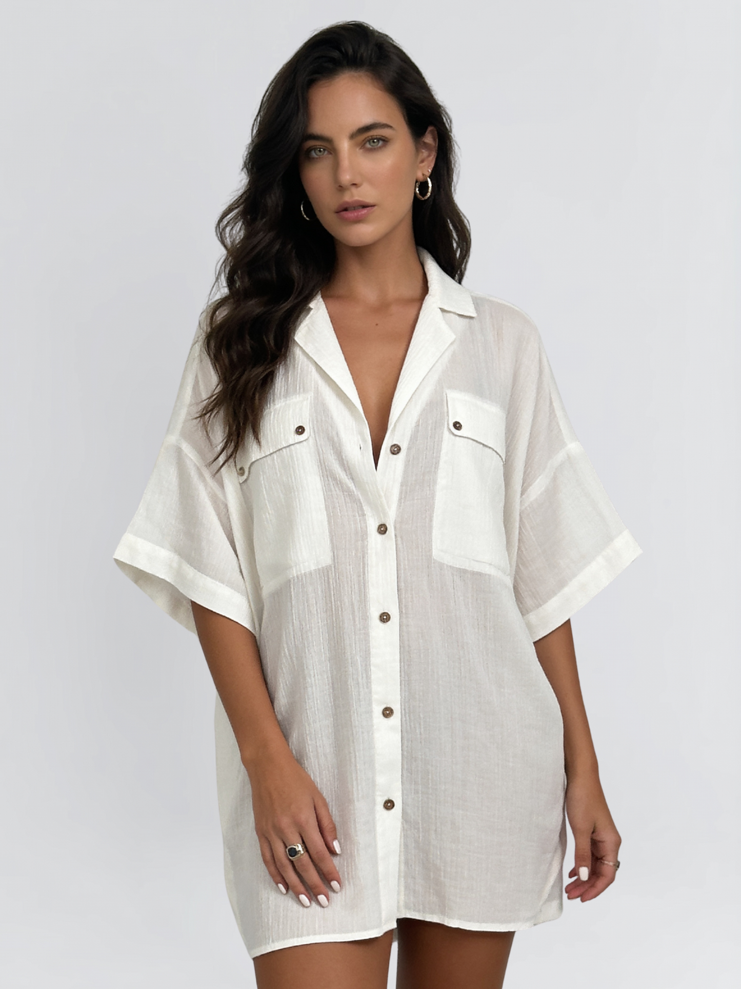 Notch Collar Pocket Short Sleeve Beach Shirt Cover Up