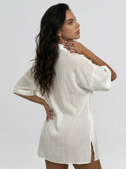 Notch Collar Pocket Short Sleeve Beach Shirt Cover Up