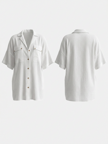 Notch Collar Pocket Short Sleeve Beach Shirt Cover Up