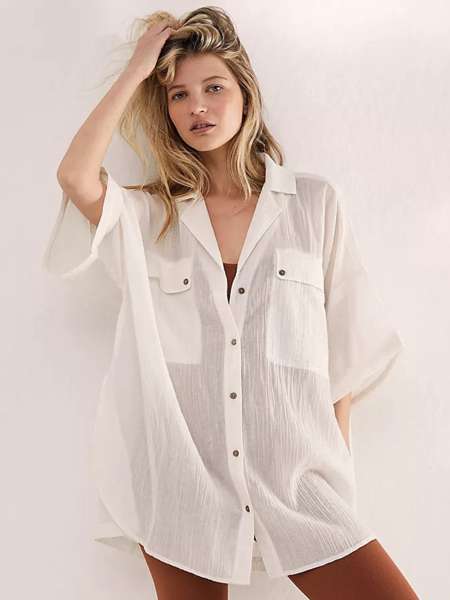 Notch Collar Pocket Short Sleeve Beach Shirt Cover Up