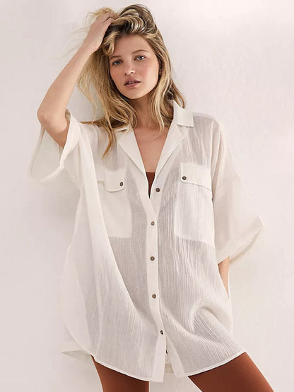 Notch Collar Pocket Short Sleeve Beach Shirt Cover Up
