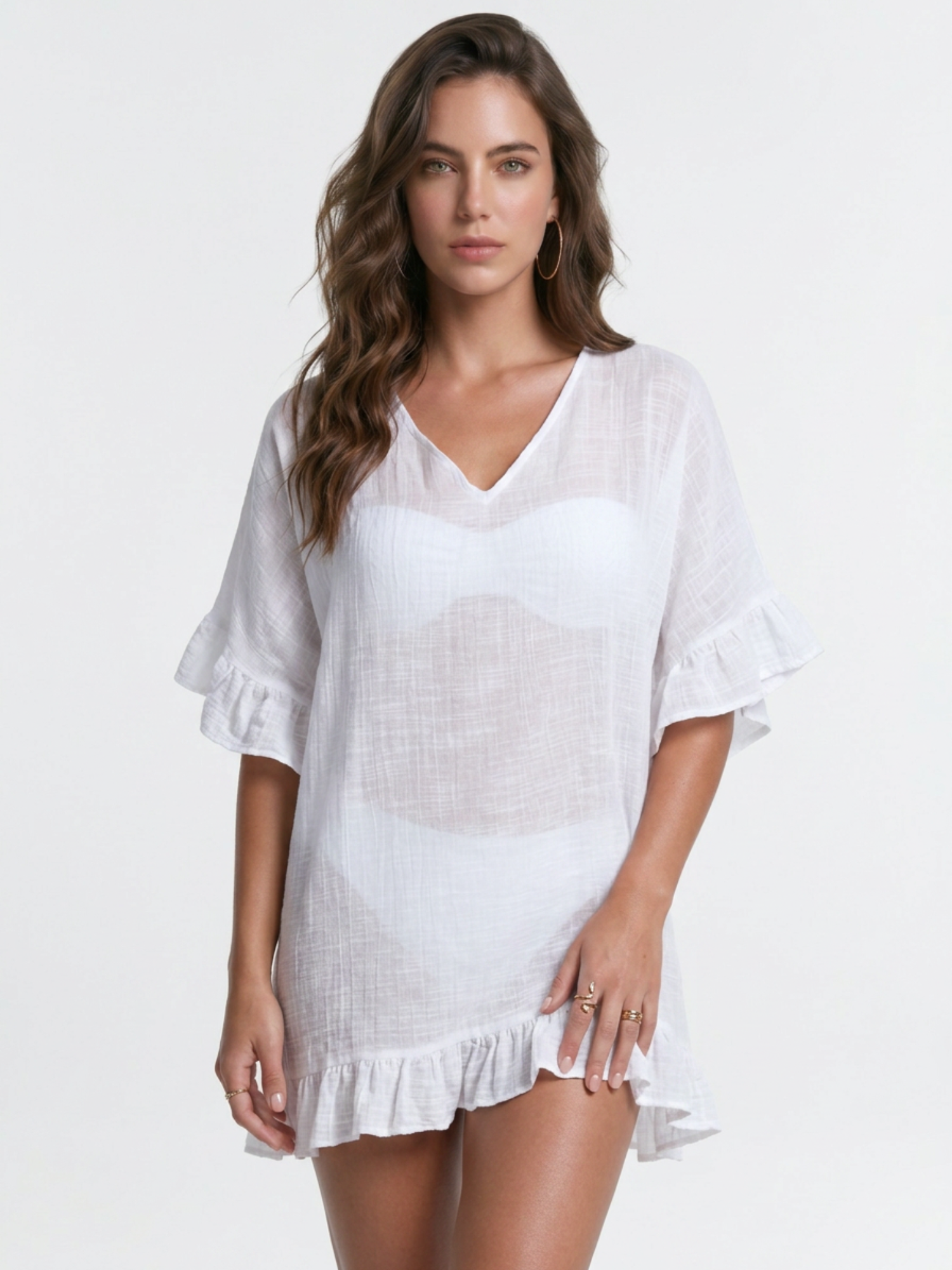 V-Neck Ruffle Sleeve Crinkle Fabric Beach Cover Up