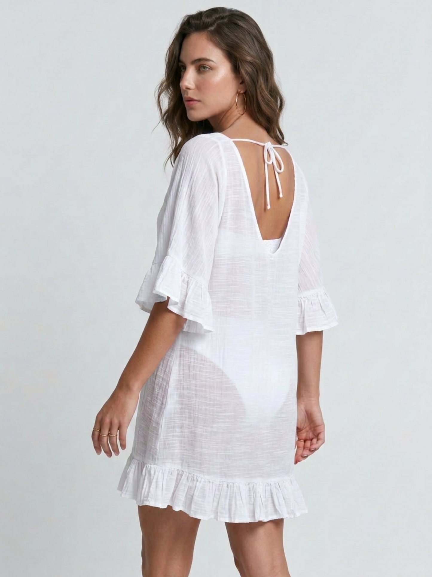 V-Neck Ruffle Sleeve Crinkle Fabric Beach Cover Up