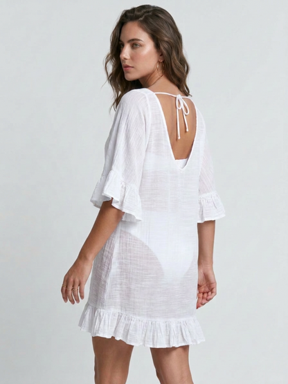 V-Neck Ruffle Sleeve Crinkle Fabric Beach Cover Up