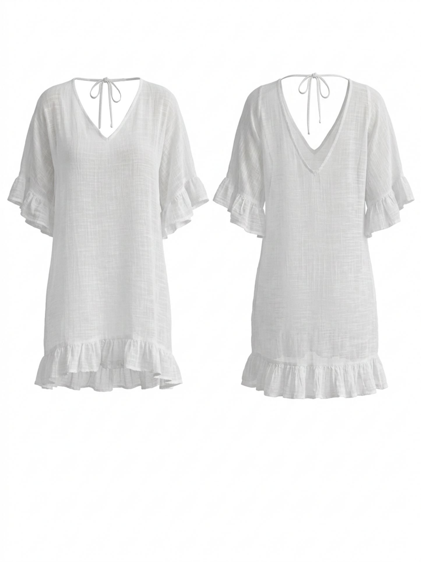 V-Neck Ruffle Sleeve Crinkle Fabric Beach Cover Up