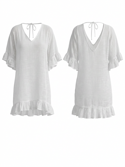 V-Neck Ruffle Sleeve Crinkle Fabric Beach Cover Up